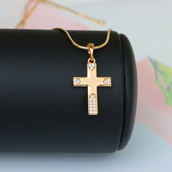 "Rose Gold Cross Pendant with Crystal Accents on Polished Surface, XPPT1611 - Picture 4 of 13
